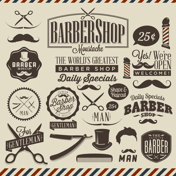 Vintage kapper winkel labels, afbeeldingen en pictogrammen — Stockvector