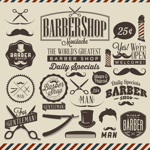 Vintage barber shop labels, graphics and icons