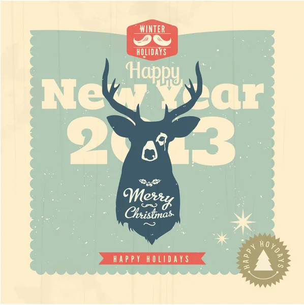 Christmas greeting card with premium label and grungy reindeer — Stock Vector