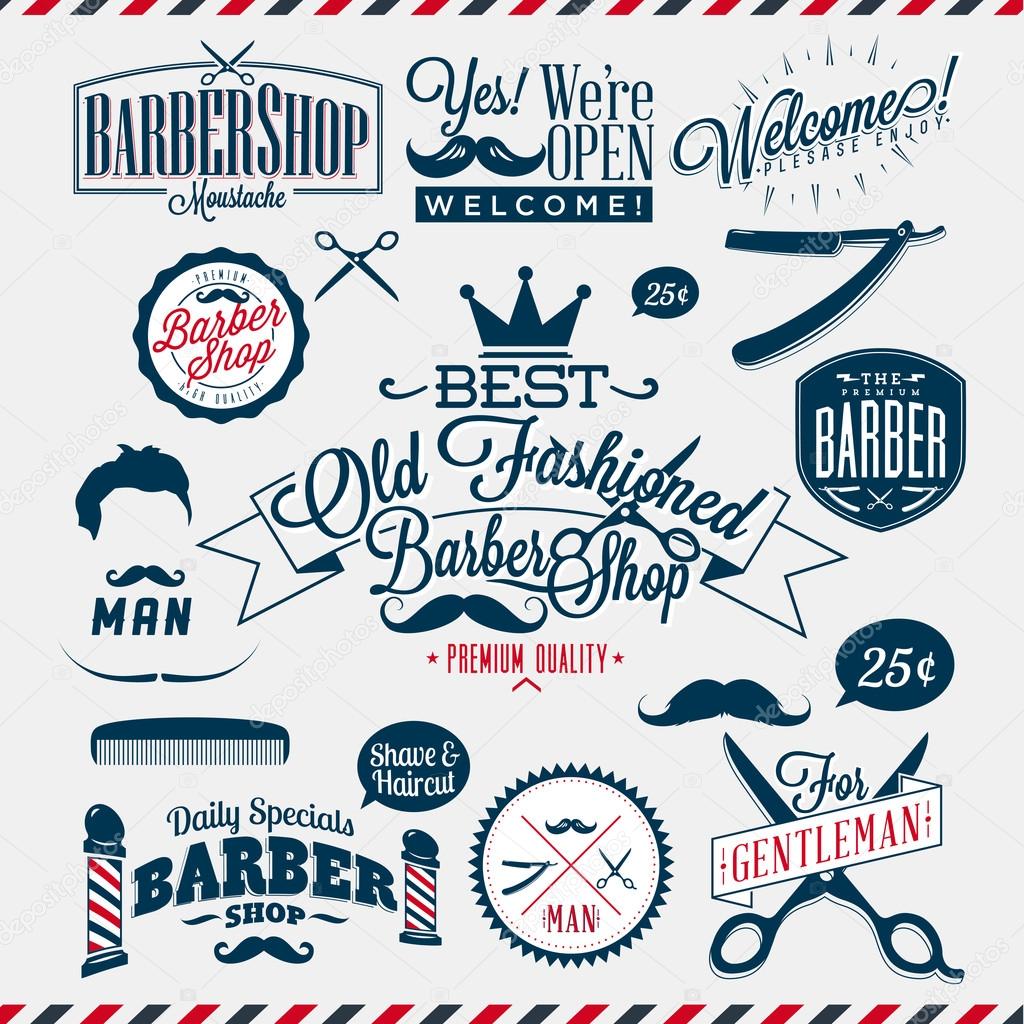 Vintage barber shop labels, graphics and icons