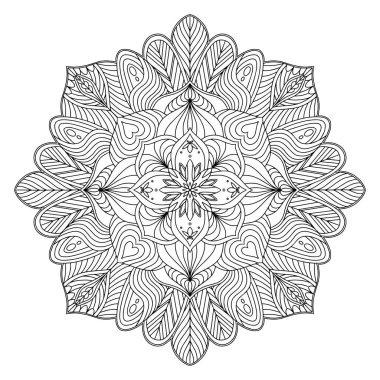 Renkli sayfa zendal. Meditasyon, yoga, rahatlama için tasarım. Beyaz arkaplanda izole edilmiş vektör mandala siyah hatları. 