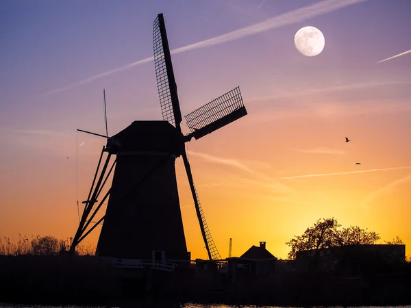 Kinderdijk canal with windmill — Stock Photo, Image