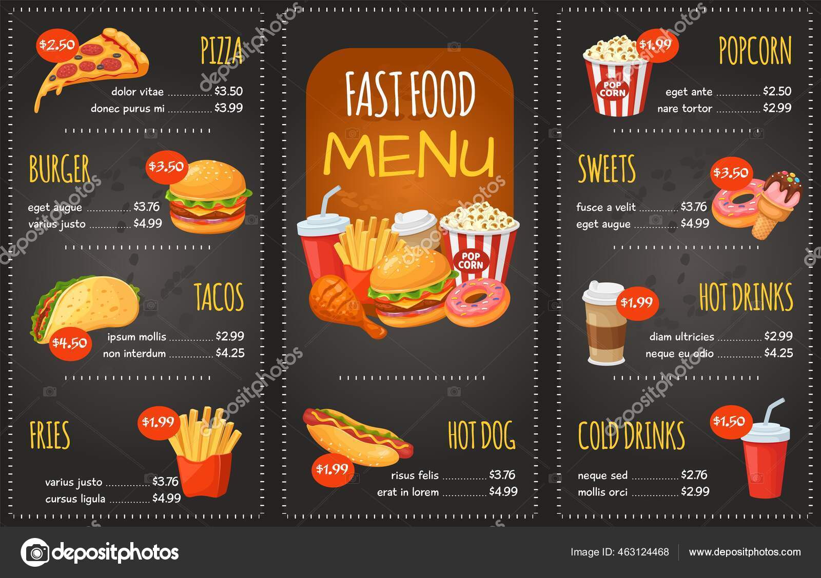 Fast Food Menü. Pizza, Burger und Tacos, Pommes. Hot Dog, Bonbons und