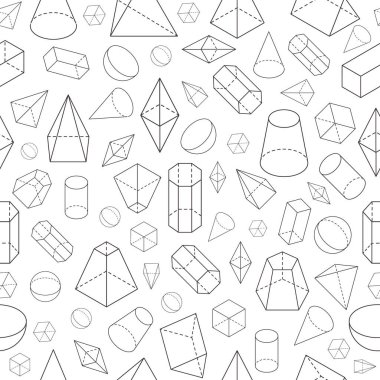 Isometric 3D, kusursuz desen oluşturur. Geometrik matematik telli nesneler. Piramit, prizma ve küre, koni ve küp. Vektör okulu dokusu