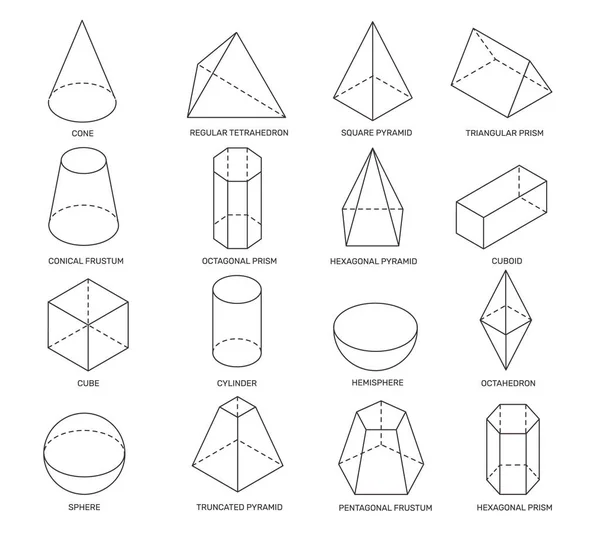 Изометрические формы линий. Простые геометрические формы для школьного обучения и дизайна логотипа. Цилиндр, призма и пирамида, конус и сфера — стоковый вектор