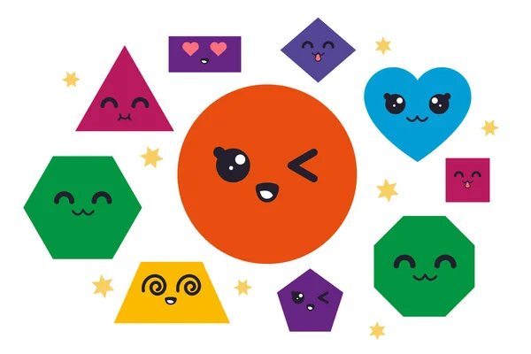Geometrické tvary. Geometrické jednoduché objekty s legrační kawaii tváře pro děti vzdělávání, kruh, náměstí a trojúhelník, srdce vektor set — Stockový vektor