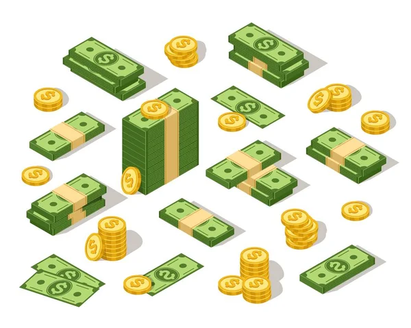 Isometryczne dolary. Gotówka 3d, kreskówkowy zielony banknot papierowy i złote monety. amerykański dolarów skarb, finanse inwestycje Vector zestaw — Wektor stockowy