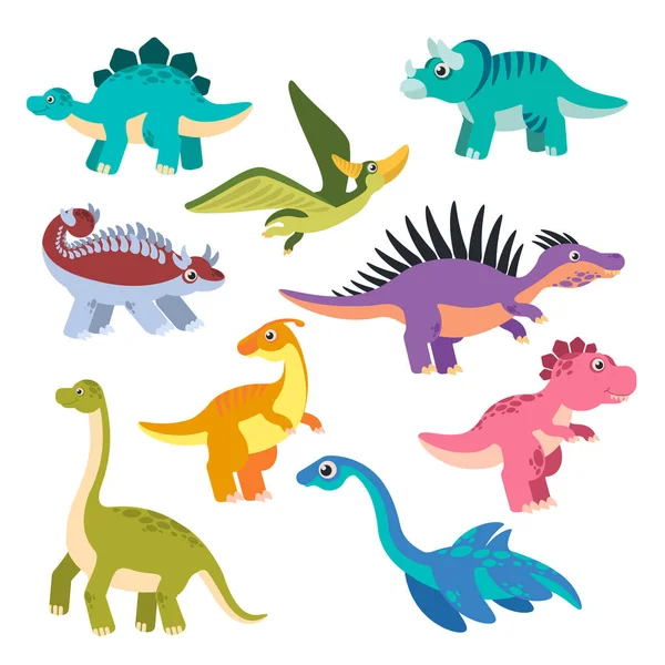 Słodki dinozaur. Kreskówkowe dinozaury, małe smoki, prehistoryczne potwory. Śmieszne jurajskie zwierzęta wektor dziecinne pojedyncze postacie — Wektor stockowy