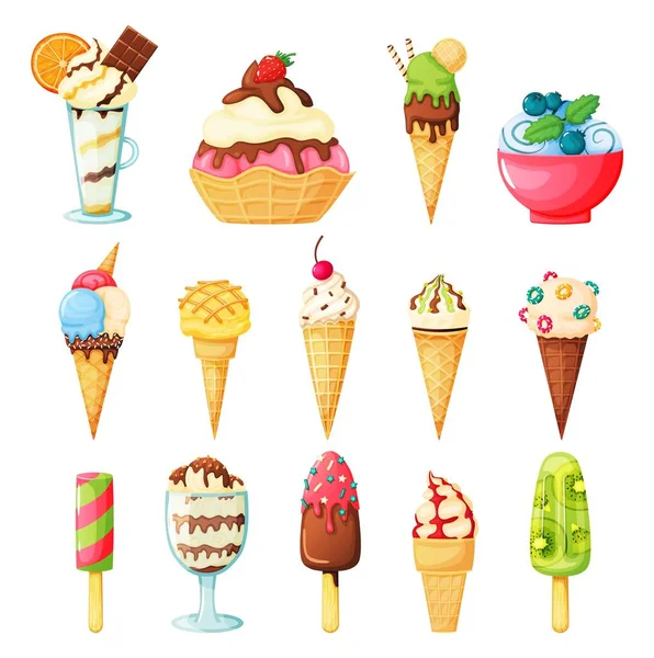 Conos de helado cubiertos con aspersiones, frutas, almíbar, nueces. Sabroso hielo de frutas, paleta de kiwi. Sundae de vainilla y chocolate. Dibujos animados verano postre vector conjunto — Vector de stock