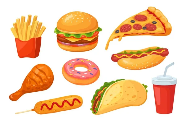 Fast food. Pizza and hamburger, cola and hot dog, chicken and donut, sandwich and corn dog. Isolated cartoon fastfood vector set — Stock Vector