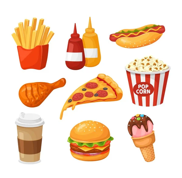 Fast food. Cartoon french fries, ketchup and hot dog, chicken and pizza, coffee and burger, popcorn and ice cream. Takeaway junk food vector set — Stock Vector