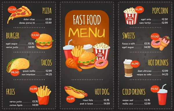 Fast Food Menü. Pizza, Burger und Tacos, Pommes. Hot Dog, Bonbons und Popcorn, Cola. Snack Restaurant Menü mit Preisvektorvorlage — Stockvektor