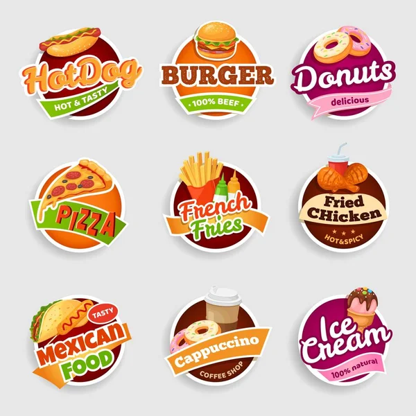 Fast food labels. Fries, burger and pizza, chicken and mexican food, donuts and ice cream, hot dog and coffee shop Vector isolated stickers — Stock Vector