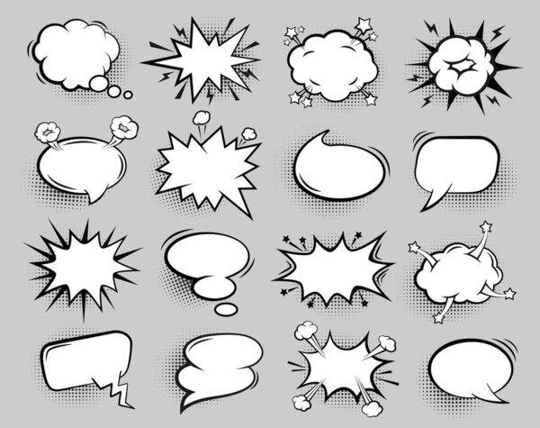 Пустой комический пузырь. Мультфильм речи воздушные шары для текста, ретро чат разговоры диалоговые облака с наполовину вектор теневого эффекта изолированный набор