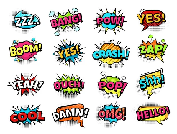 Comic speech bubbles. Cartoon expressions zam, boom and crash, cool and omg, lol. Retro comics text bubble with halftone vector set — Stock Vector
