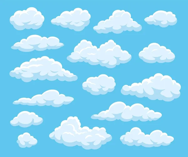 Nubes de dibujos animados. Cielo nublado azul con formas de nubes esponjosas flotantes blancas. 2d juego, vector atmosférico elementos aislados — Vector de stock