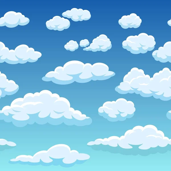 Cielo sin fisuras con nubes. Lindo cielo azul nublado 2d patrón de juego, cielo verano clima fondo vector textura — Vector de stock