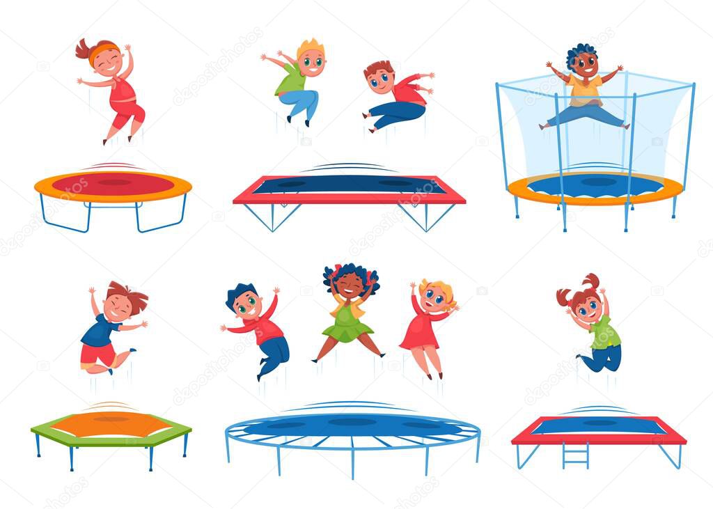 Kids jumping on trampoline. Happy boys, girls bouncing and having fun. Energetic children jump together. Group outdoor activity cartoon vector set