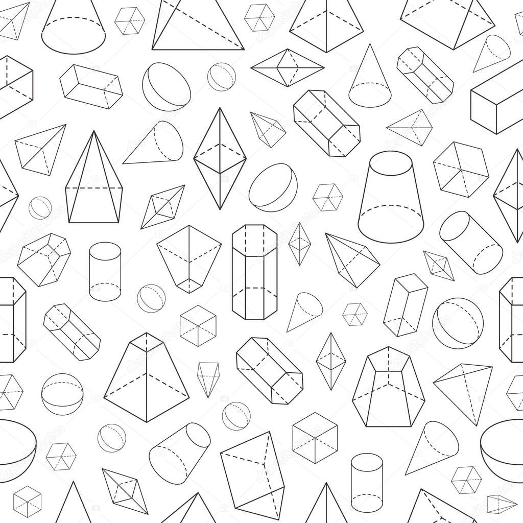 Isometric 3d shapes seamless pattern. Geometric math wireframe objects. Pyramid, prism and sphere, cone and cube. Vector school texture