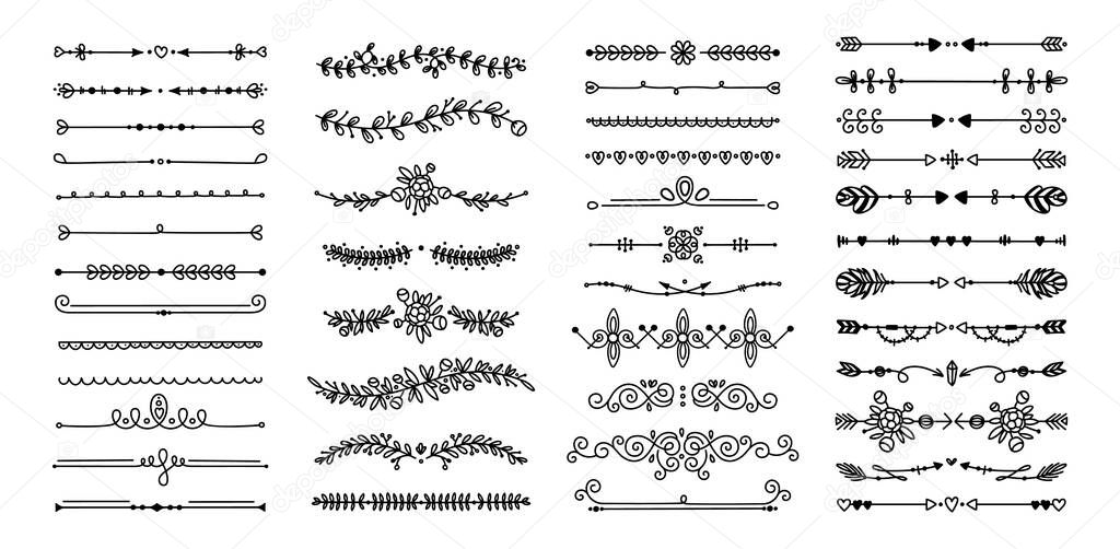 Decorative dividers. Heart, line, swirl, arrow elements for decoration. Calligraphic flourish ornaments. Vintage hand drawn border vector set