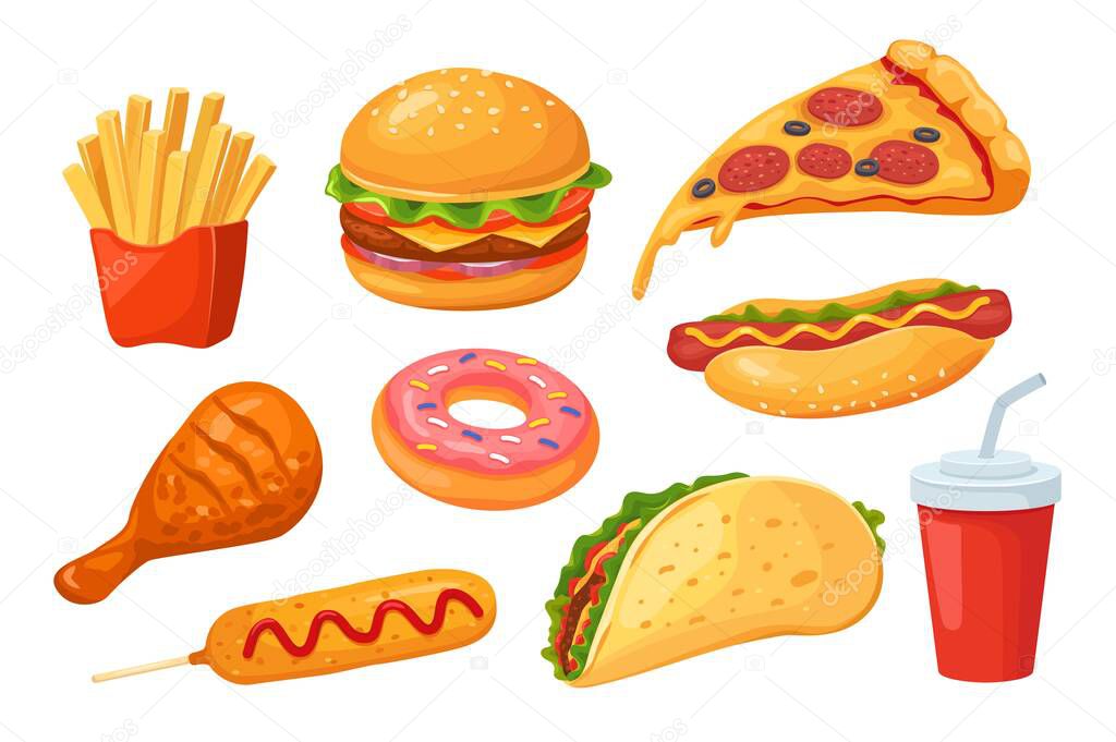 Fast food. Pizza and hamburger, cola and hot dog, chicken and donut, sandwich and corn dog. Isolated cartoon fastfood vector set