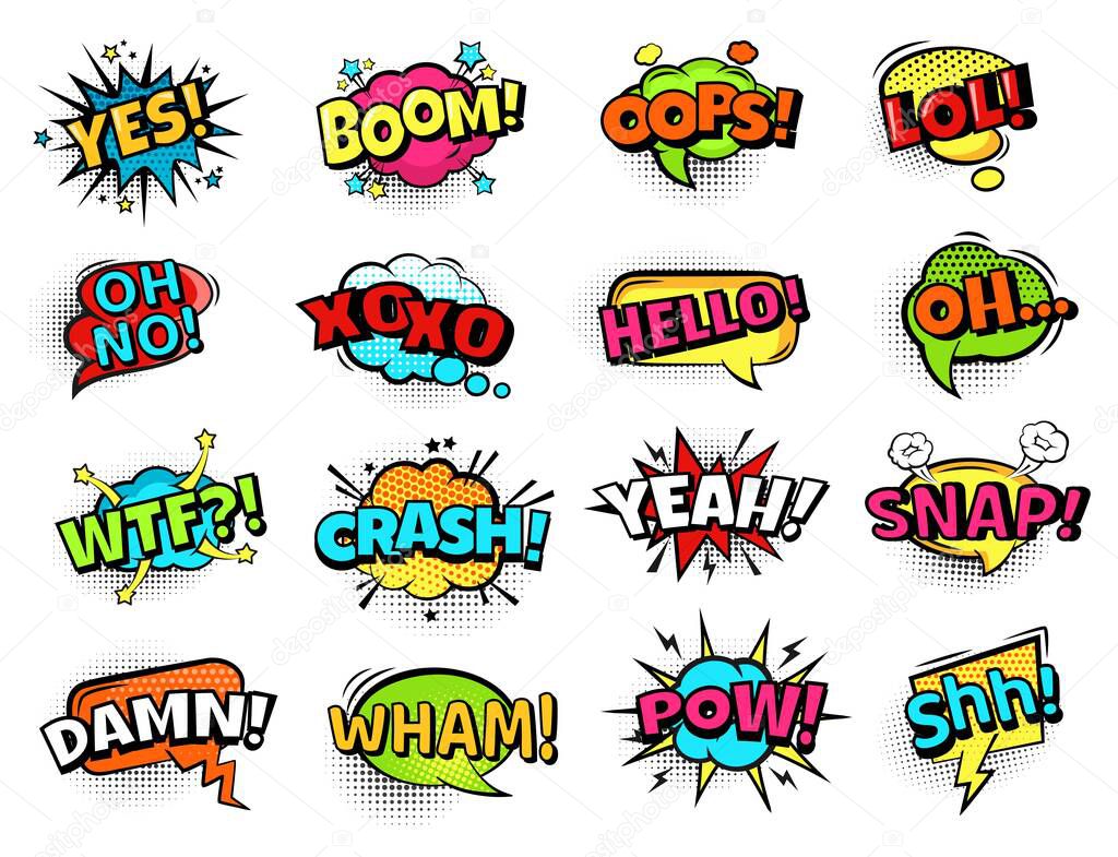 Comic sound bubbles. Cartoon action words, boom, oops and pow, yes and oh, lol. Retro comic book text bubbles with halftone vector set