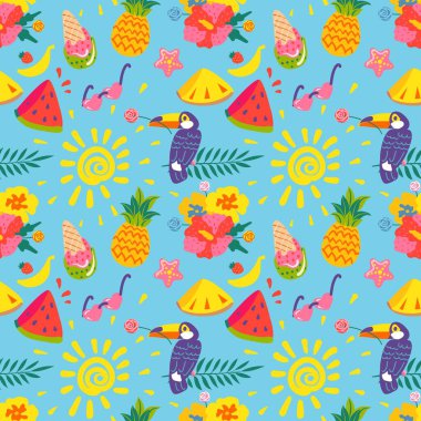 Kusursuz yaz şablonu. Ananas, dondurma, karpuz, çiçek, tukan, güneş tarafından çizilmiş elementler. Tropikal baskı, tatil veya tatil arka plan vektörü