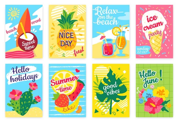 Sommaraffisch. Beach party flyer med hav, surfbräda, cocktails, ananas, frukt, glass, tropiska blad. Hej semester eller semester banner vektor set — Stock vektor