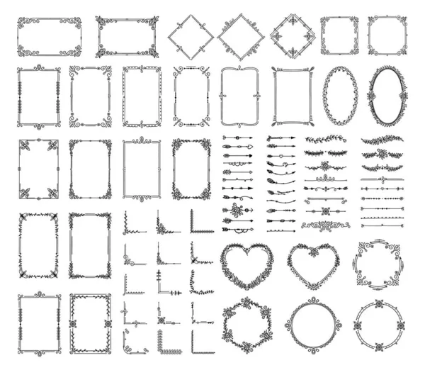 Dekorative Elemente. Vintage-Blumenränder, Rahmen, Trennwände, Ecken, Pfeile. Eleganter Rahmen mit Wirbeln, Blüten, Blättern. Handgezeichnetes Dekorationsvektorset — Stockvektor