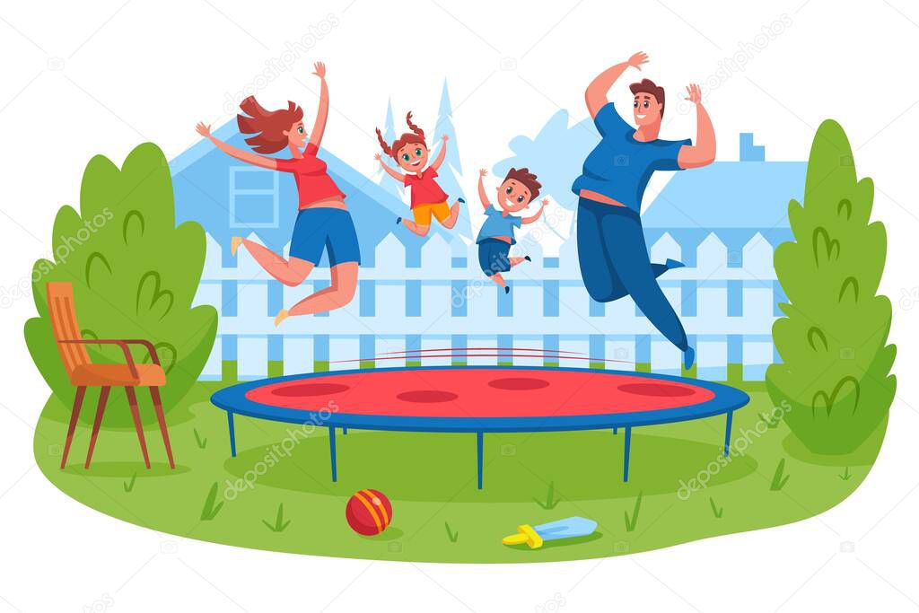 Happy family jumping on trampoline. Mother and father bounce together with children. Parents spending time with kids and having fun. Outdoor backyard family activity