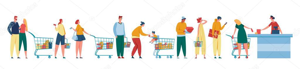 People queue. Customers waiting in line at counter with cashier. Men and women with shopping carts standing at cash desk. Grocery store checkout vector illustration