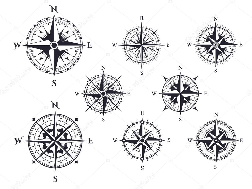 Retro compass. Wind rose nautical direction icons with cardinal points, vintage map compasses elements vector isolated set