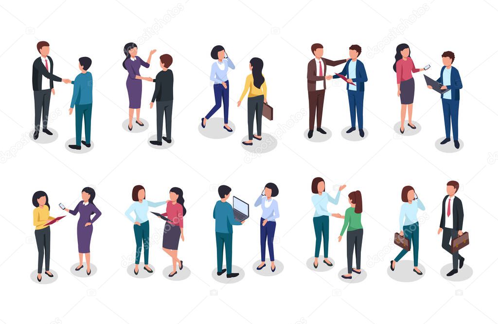 Isometric business people. Office woman, man standing, discussing corporate deal, greeting. Employees and boss, professional team 3d vector set