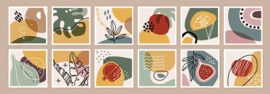 Organik soyut baskı. Minimum boho duvar dekorasyonu. Organik şekiller, tropikal bitkiler, yapraklar, çiçekler, meyveler, doğa elementleri. Modern botanik kare poster vektörü kümesi