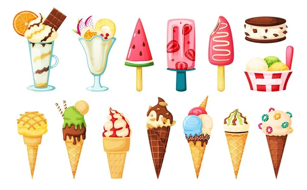 Conos de helado. Paleta de fresa, helado de sandía, helado de vainilla, sándwich de helado. Postre de verano con nueces, espolvoreos, frutas conjunto de vectores de dibujos animados — Vector de stock