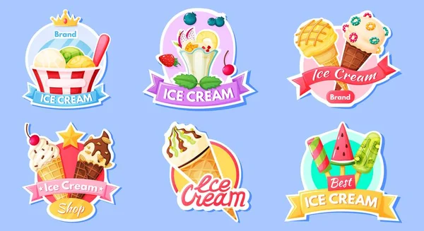 Ice cream label. Logo, badge for ice cream shop with fruit ice, popsicles. Vanilla and chocolate sundae cafe menu labels. Cartoon cold dessert sign vector set — Stock Vector