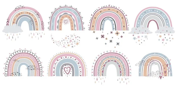 Arco-íris escandinavo. Arcos-íris desenhos animados com nuvens, flores e estrelas em cores pastel para crianças têxtil, papel de parede conjunto vetor isolado — Vetor de Stock