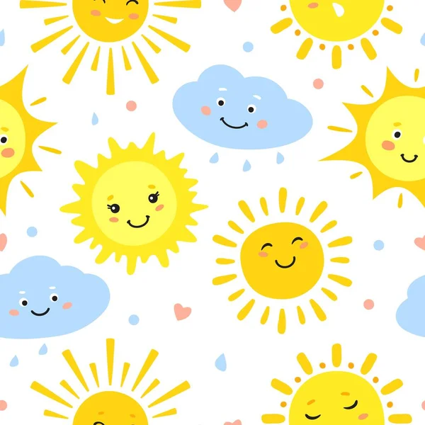 Patrón solar. Sol, verano caluroso y feliz amanecer, círculos de luz solar amarilla, clima solar y soleado vector sin costuras niños papel pintado textura — Vector de stock