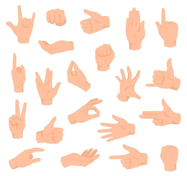 Flat hands. Man hand with various gestures and fist. Open palm victory and thumbs up, pointing finger sign. Holding and giving arm vector set — Stock Vector