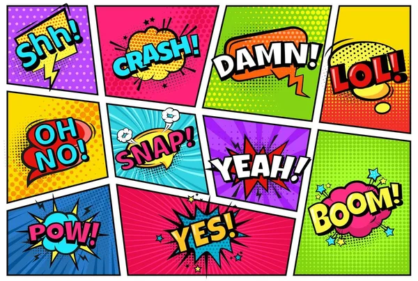 Comic book page. Super layout with frame and speech bubbles with comic words. Crach, pow, yes and snap vector pop art cartoon template — Stock Vector