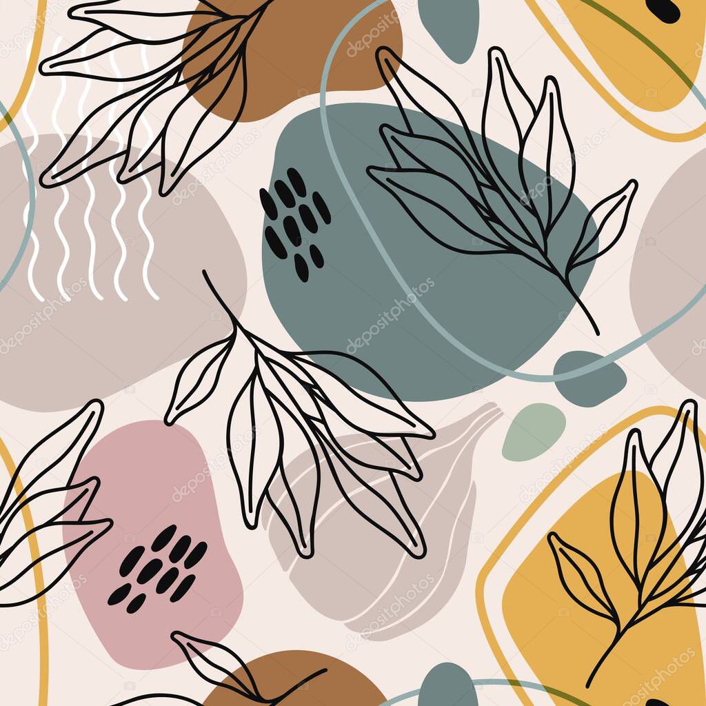 Contemporary boho seamless pattern. Abstract organic shapes, tropical leaves, fruit elements. Botanical fabric print, wallpaper. Hand drawn doodle background vector