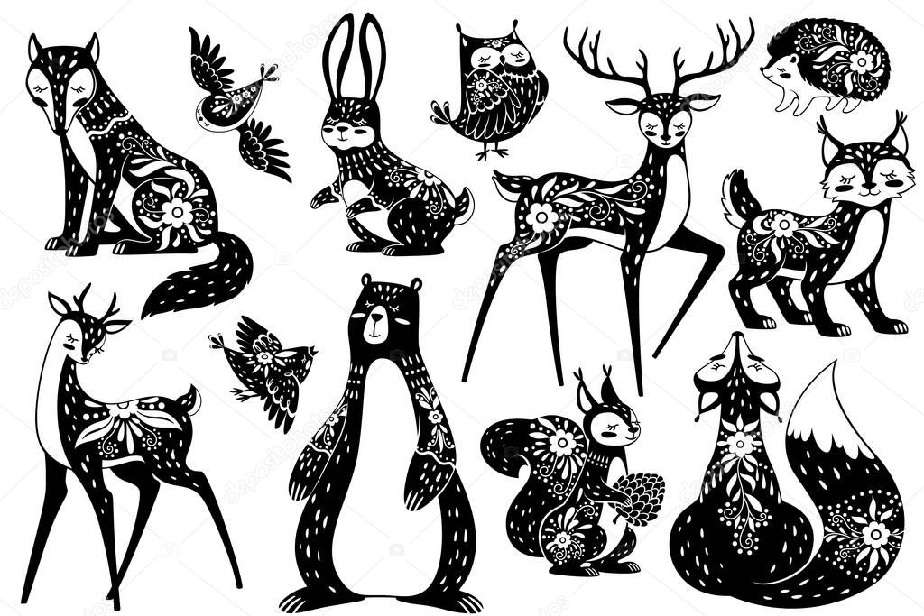 Scandinavian animals. Forest dwellers nordic with floral patterns. Deer, fox and hare, squirrel and hedgehog, lynx and owl swedish style vector set