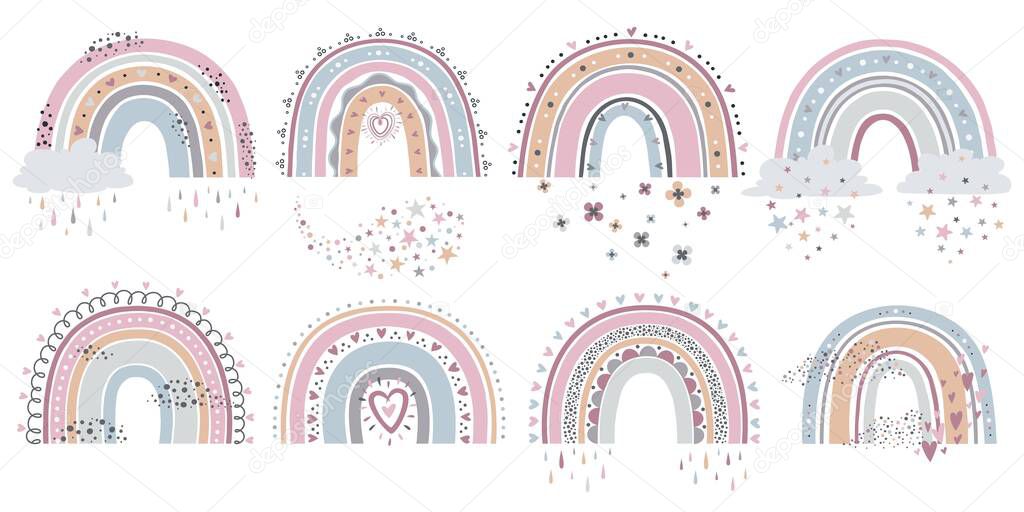 Scandinavian rainbow. Cartoon rainbows with clouds, flowers and stars in pastel colors for kids textile, wallpaper isolated vector set