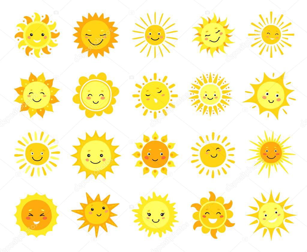 Cute sun. Cartoon sunny emoji, happy yellow sun characters with smile, sunshine emoticon, funny kawaii vector set