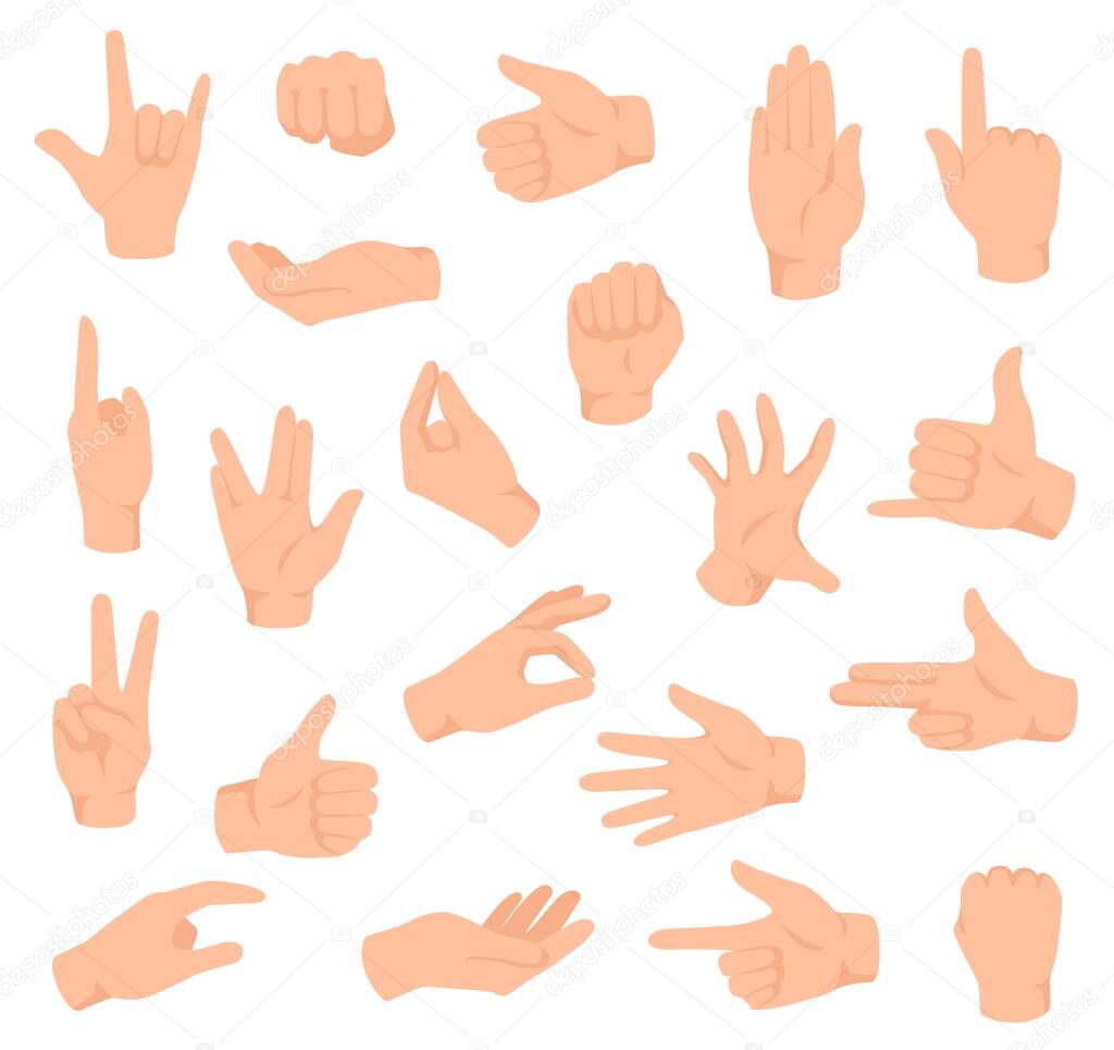 Flat hands. Man hand with various gestures and fist. Open palm victory and thumbs up, pointing finger sign. Holding and giving arm vector set