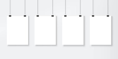 Poster modeli. Boş fotoğraf, portföy, galeri ve ekran için tutacakları ve ipleri olan resim kağıdı çerçeve şablonu. Boş beyaz pankart vektör kümesi
