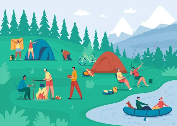 People camp. Friends relaxing near bonfire, cooking food, setting up tent. Tourists camping in forest, summer outdoor activity vector illustration — Stock Vector