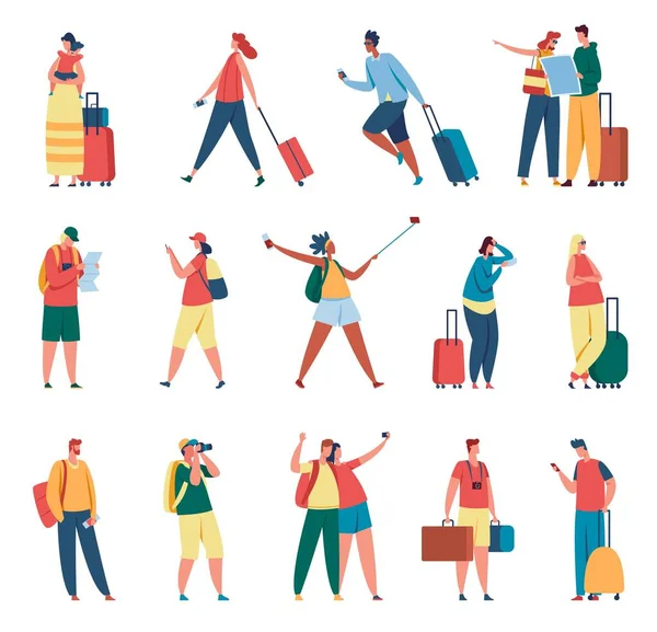 Gente viajando. Hombre y mujer con mochilas, maletas. Turistas tomando fotos, viajeros leyendo mapa. Vacaciones de verano, conjunto de vector de actividad turística — Vector de stock