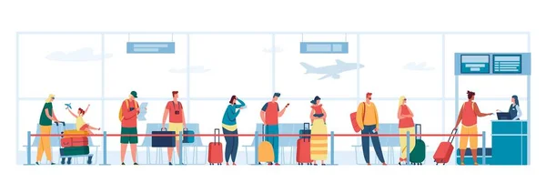 Aeroporto check-in fila de mesa. Pessoas com bagagem esperando na fila no balcão de registro, controle de passaporte, terminal de partida ilustração vetorial — Vetor de Stock
