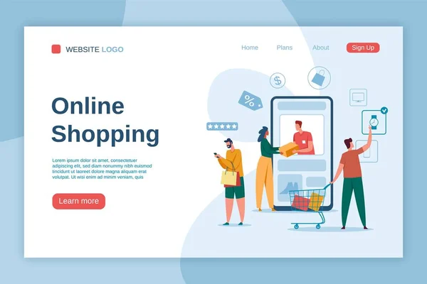 Página de destino de compras en línea. Compradores con bolsas de compras. Entrega en línea, marketing digital, publicidad de comercio electrónico, plantilla de vector de interfaz de sitio web — Vector de stock